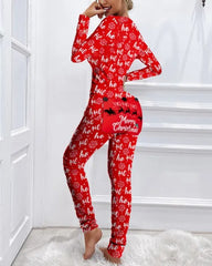 Christmas Letter Print Functional Buttoned Flap Adults Pajamas