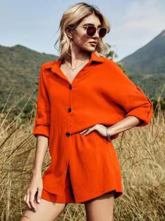 Long Sleeve Shirt Top Cotton And Linen Shorts Set