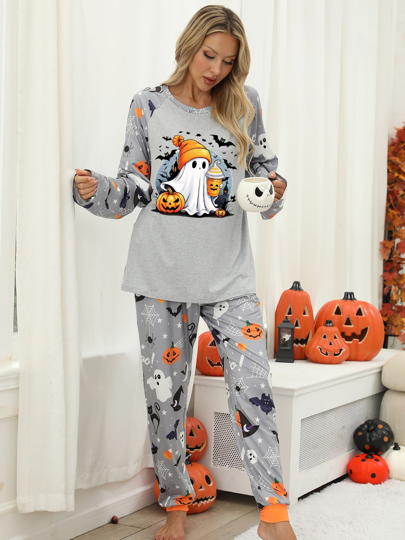 Halloween Women's Printed Autumn And Winter Long-Sleeved Trousers Home Wear Suit