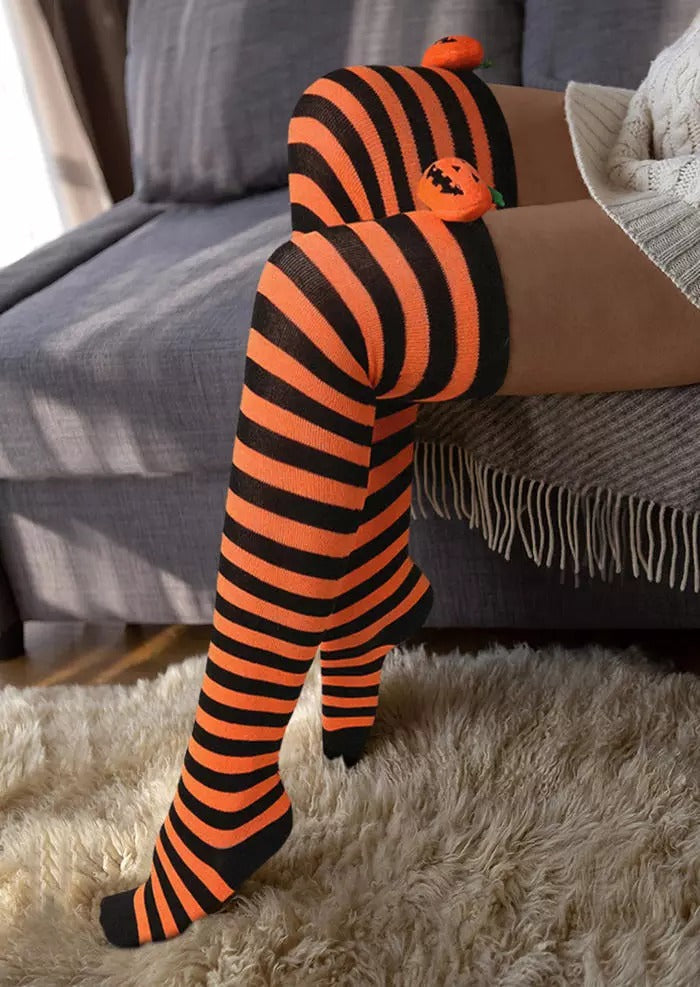 Halloween Pumpkin Face Striped Over Knee Long Socks