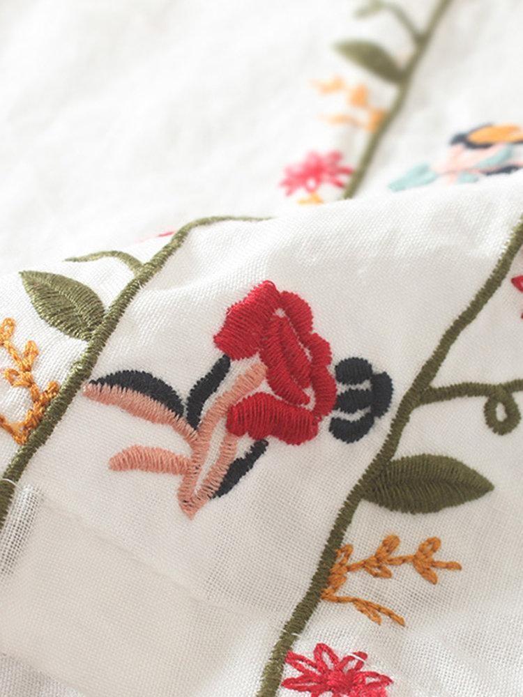 Women's Vintage Cotton Linen Embroidered Loose Short Sleeve Casual Shirts