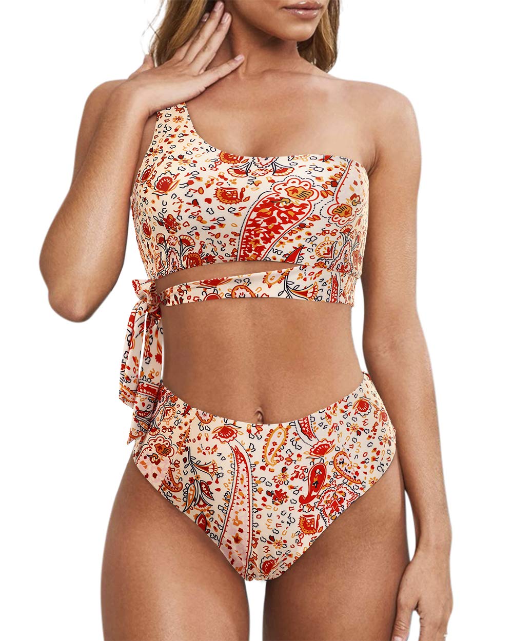 One Shoulder High Waisted Bikini Tie High Cut Two Piece Swimsuits