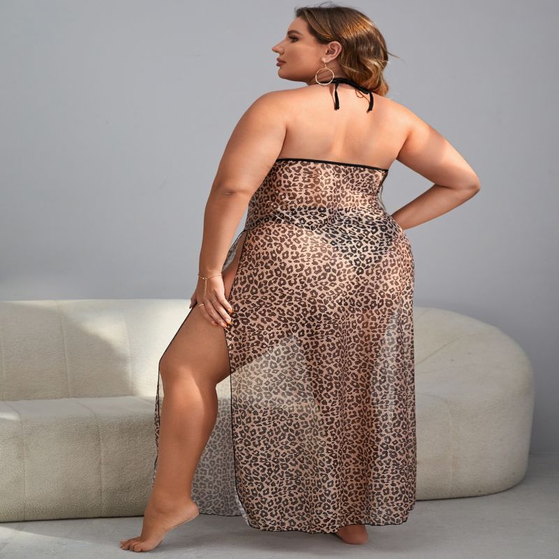 Plus Size Sexy Pajamas Leopard Print Nightgown Suspender See-through Long Skirt