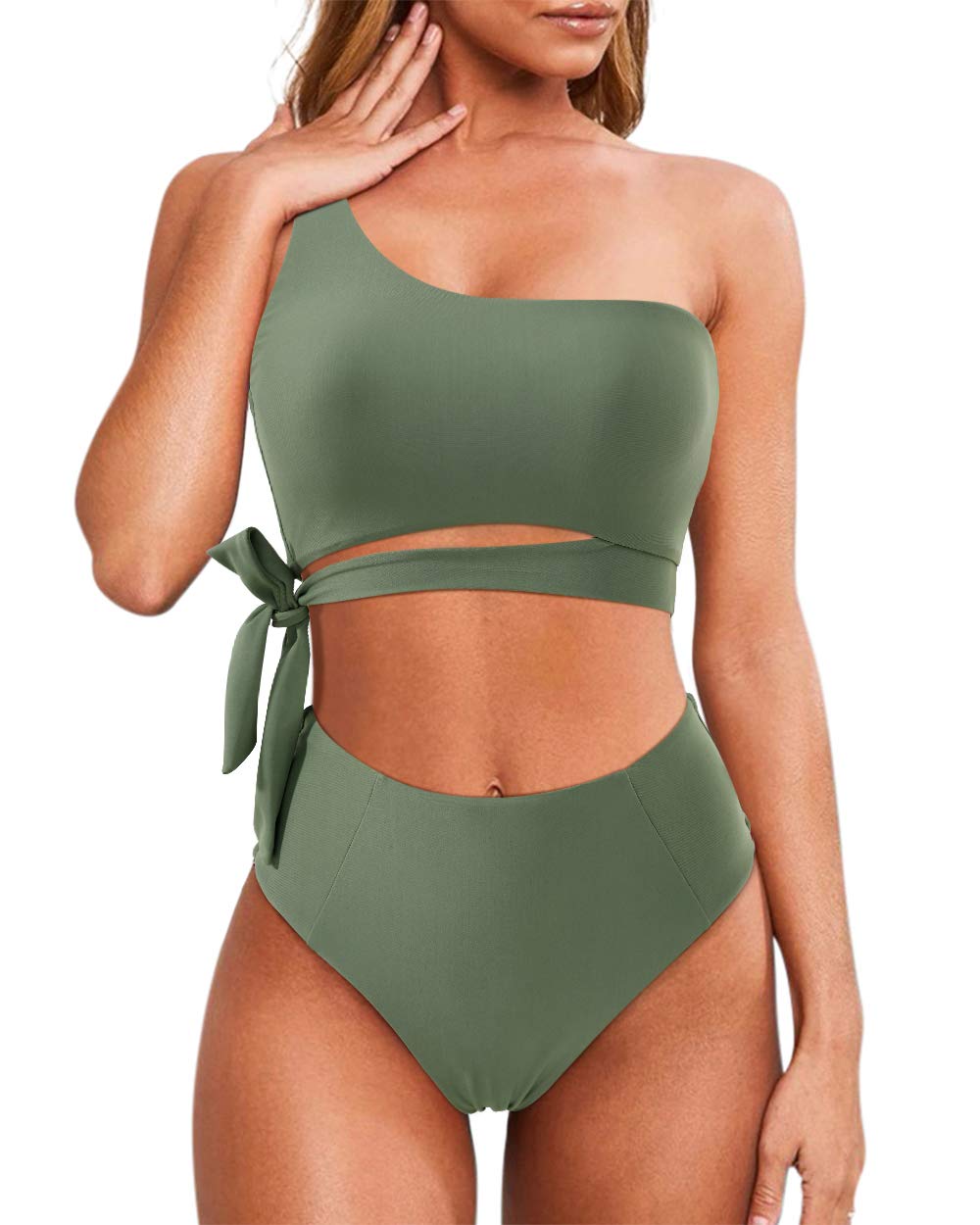 One Shoulder High Waisted Bikini Tie High Cut Two Piece Swimsuits