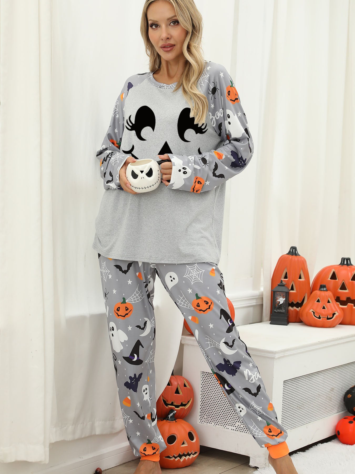 Halloween Women's Printed Autumn And Winter Long-Sleeved Trousers Home Wear Suit