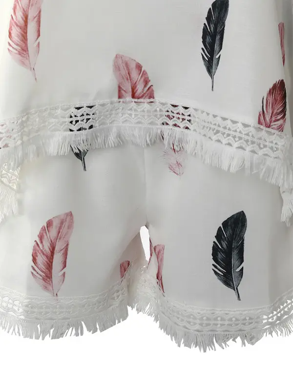 Feather Print Tassel Trim Cami Top & Shorts Set