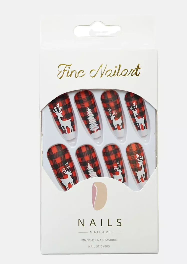 24Pcs Christmas Tree Reindeer Plaid Full Cover Acrylic Nails