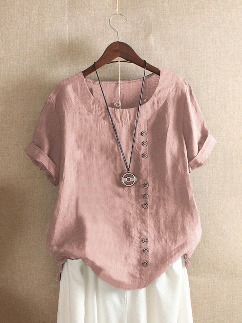 SOLID COLOR SHORT SLEEVE BUTTON SUMMER T-SHIRT