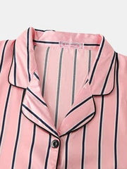 Plus Size Women Faux Silk Vertical Stripe Revere Collar Long Pajamas Sets With Pocket