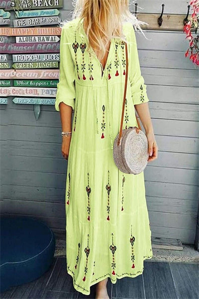 THREE-QUARTER SLEEVE ANKLE-LENGTH PRINT HIGH WAIST PULLOVER DRESS