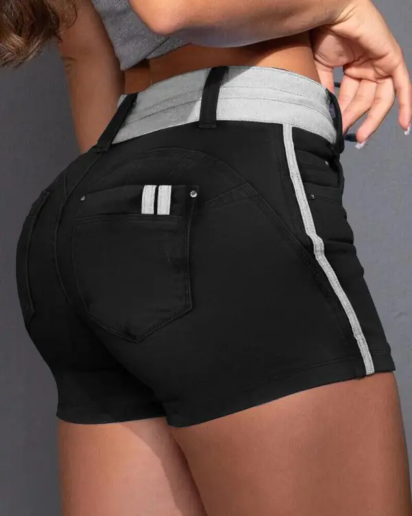 Contrast Binding Ripped Drawstring Denim Skorts