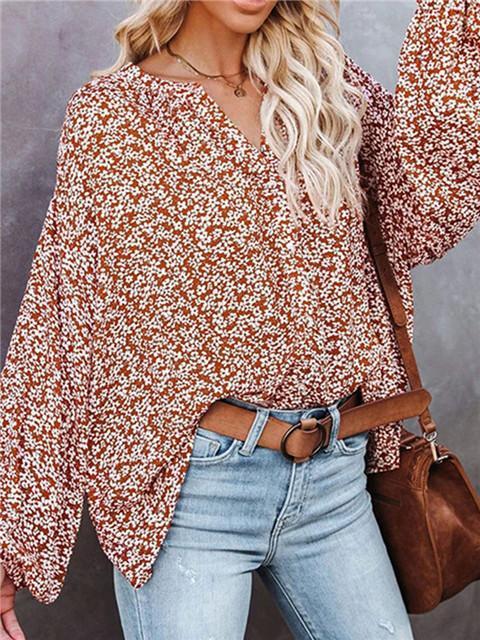 Floral Long Sleeve V-Neck Loose Casual Shirt
