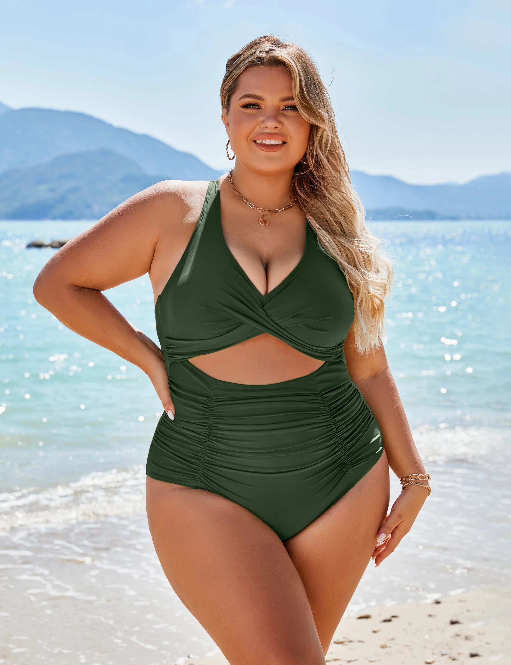 Womens One Piece Swimsuits Push Up Tummy Control Bathing Suits V Neck Cutout Modest Swimwear