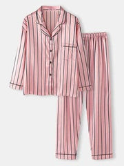 Plus Size Women Faux Silk Vertical Stripe Revere Collar Long Pajamas Sets With Pocket