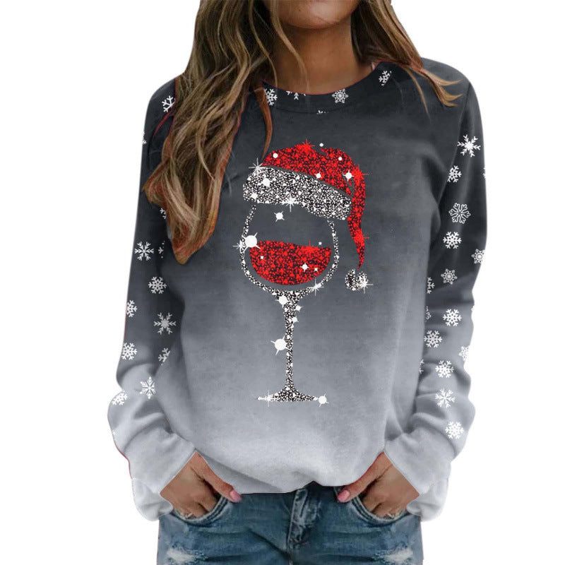 Christmas Red Wine Glass Print Long Sleeve Round Neck Ladies Top