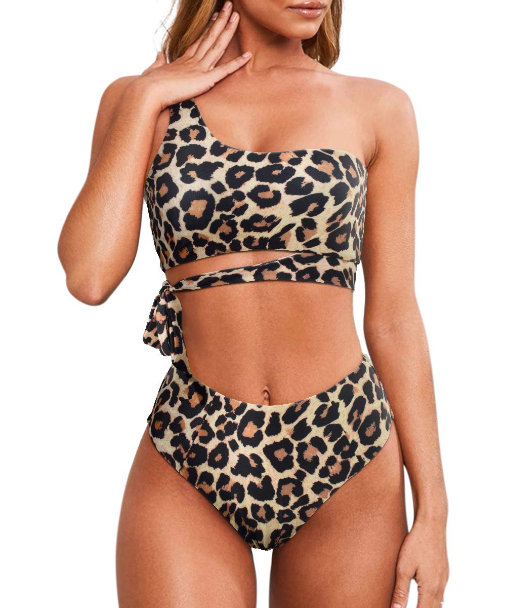 One Shoulder High Waisted Bikini Tie High Cut Two Piece Swimsuits