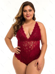 Plus Size & Curve Sheer Floral Lace Teddy Plunge Crisscross Spaghetti Strap Lingerie Bodysuit-Red