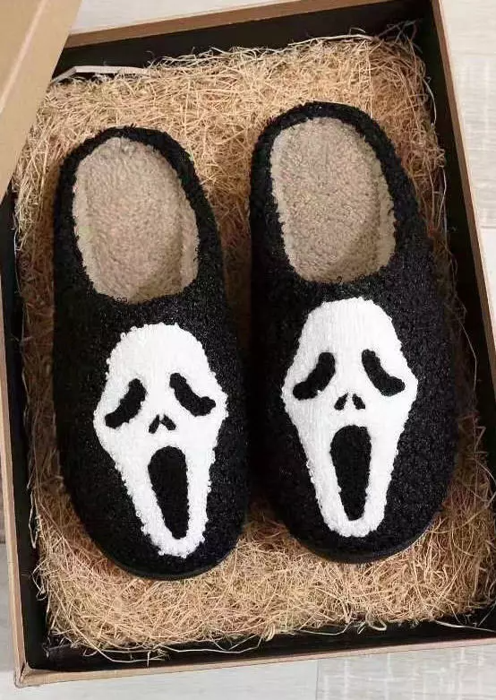 Halloween Ghost Face Plush Flat Slippers - Black