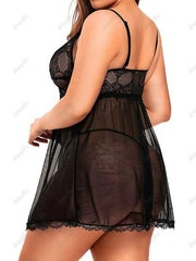 Plus Size Lingerie Dress Lace Panel Solid Color Sheer Mesh Cut Out Lingeries Set