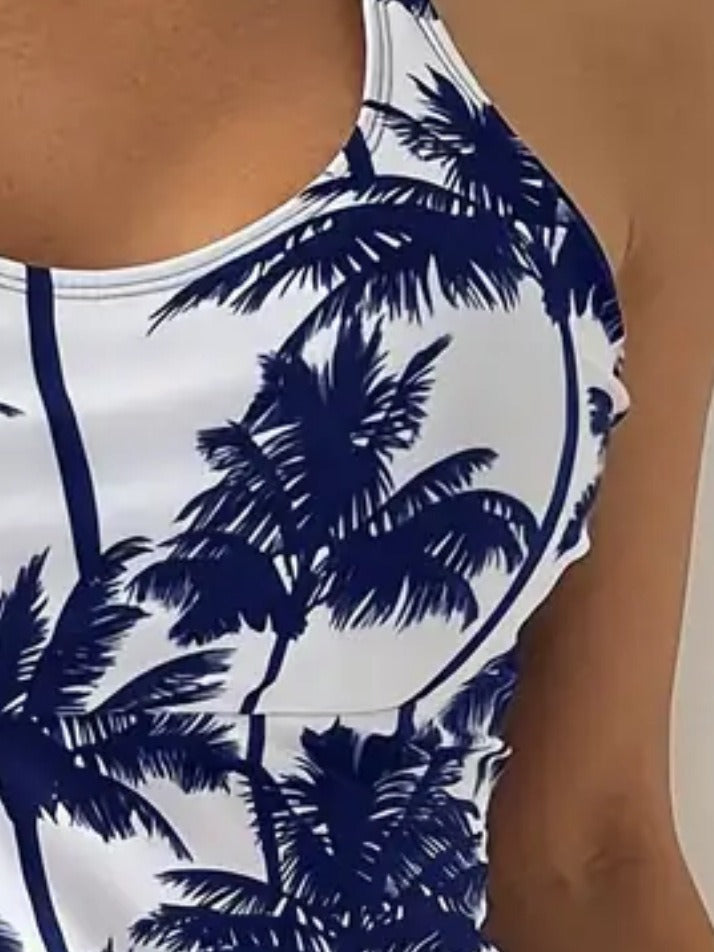 Coconut Tree Print Drawstring Straps Fashionable Belly-Covering Split Tankini Set