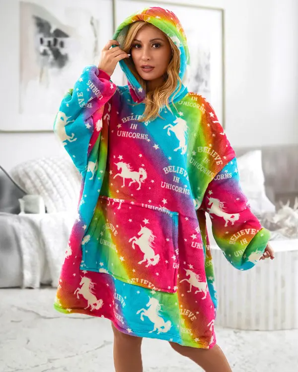 Rainbow Tie Dye Unicorn Print Blanket Hoodie