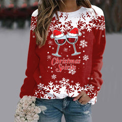 Red Wine Glass Cheers Round Neck Raglan Sleeve Sweater Christmas Print Long Sleeve Top