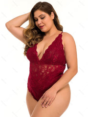 Plus Size & Curve Sheer Floral Lace Teddy Plunge Crisscross Spaghetti Strap Lingerie Bodysuit-Red