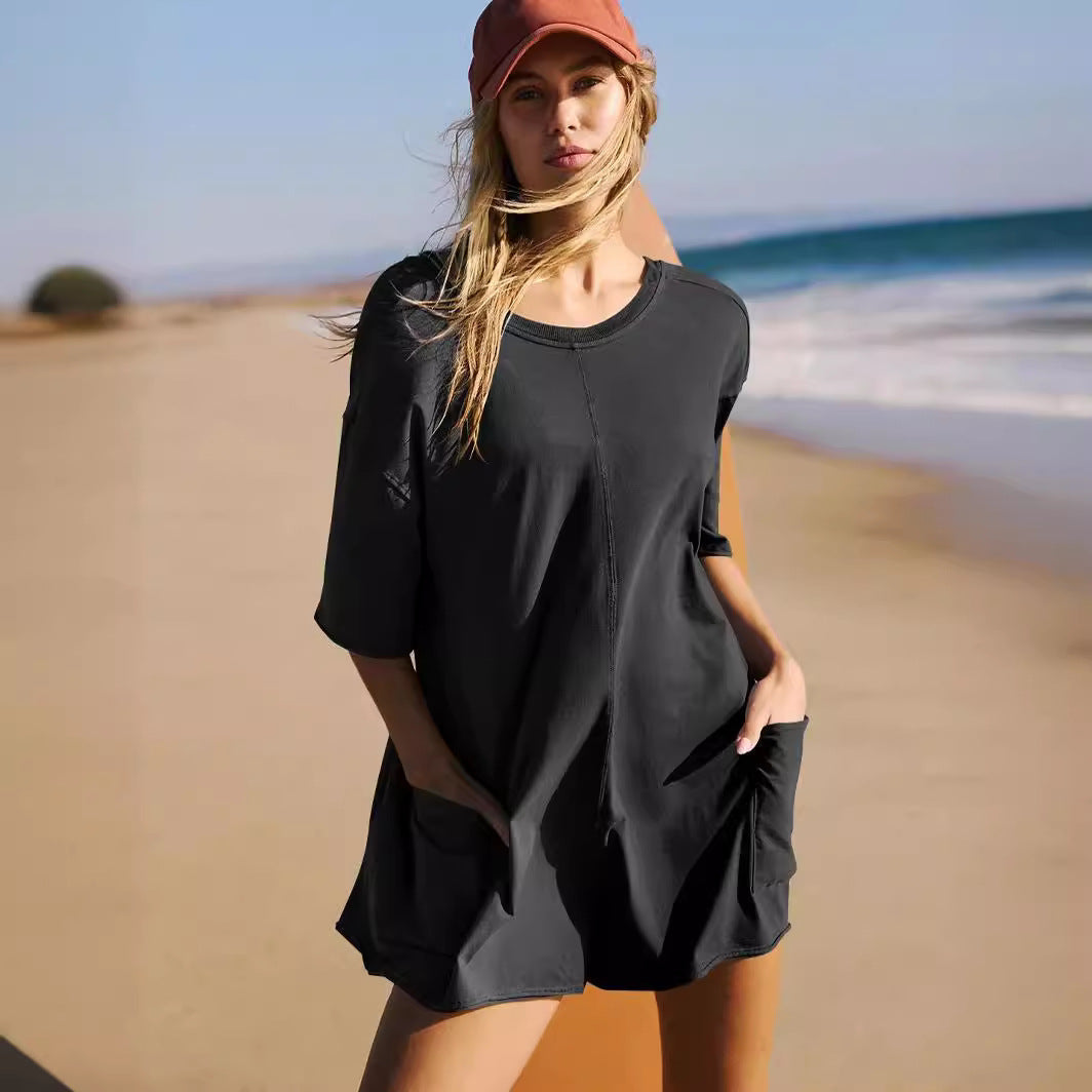 Loose Casual Short-Sleeved V-neck Backless Jumpsuit