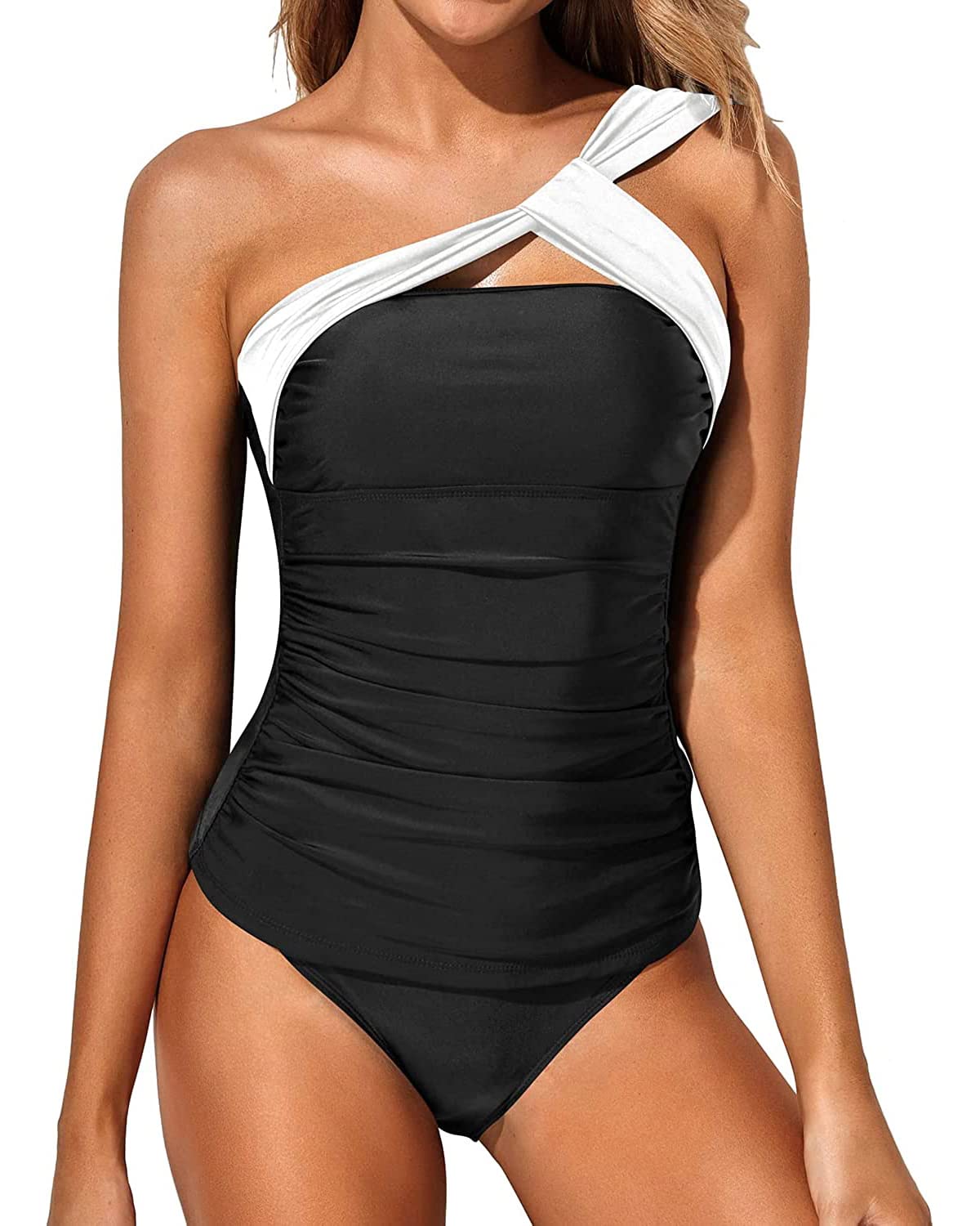 One Shoulder Swim Top with Bottom Tankini Set