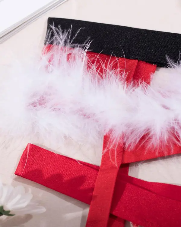 Christmas Fuzzy Trim Pom Pom Decor Garter Lingerie Set