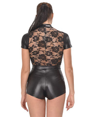 Short Sleeve Wet Look And Lace Bodysuit