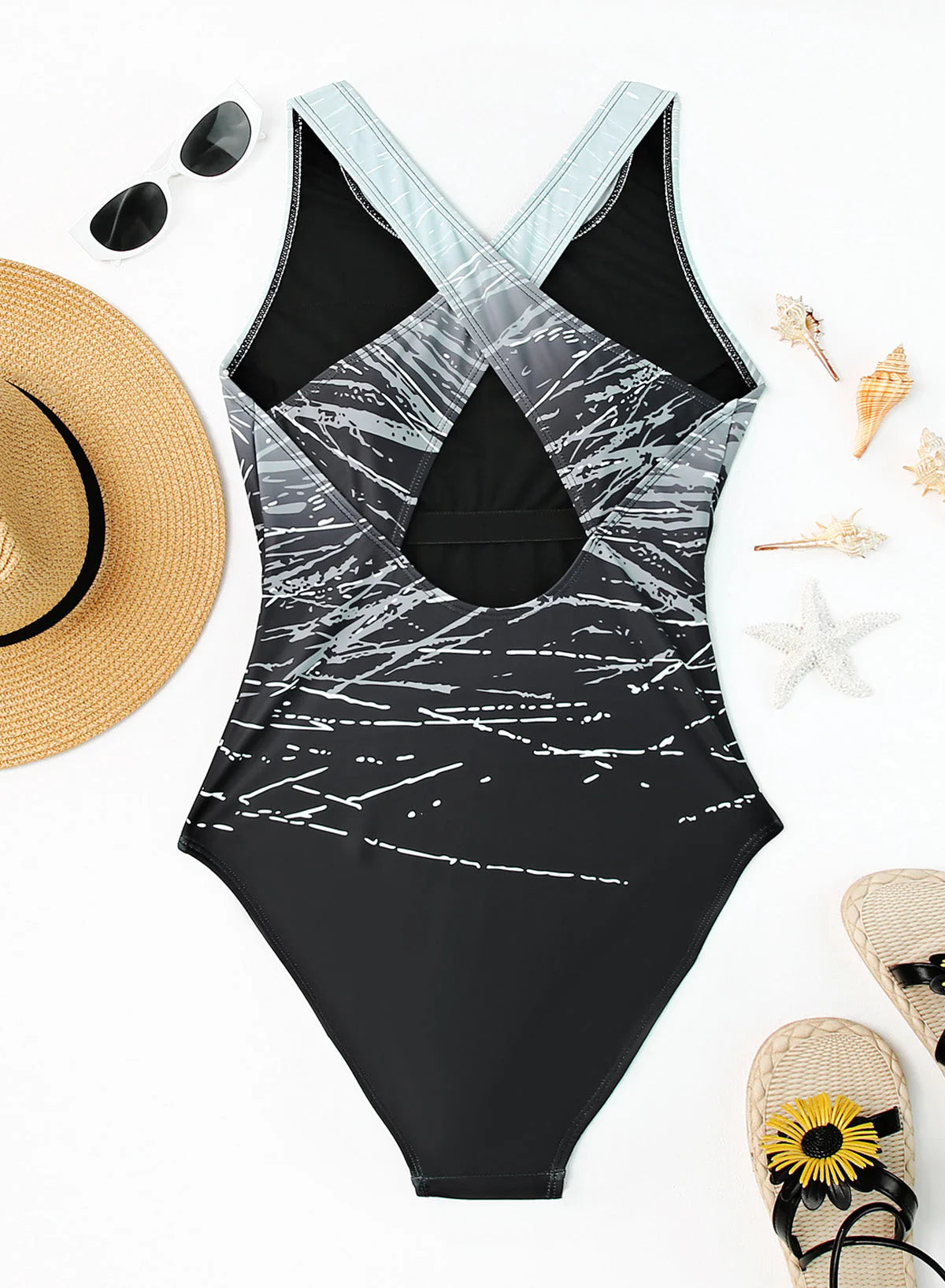 Grey Gradient Print Backless Slim Conservative Round Neck One Piece Swimsuit