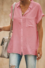 Women's Shirt collar Solid Color Buttons Short Sleeves Tops