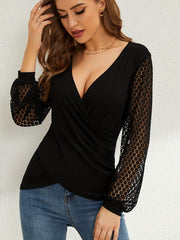 Solid Color Stitching Lace Lantern Sleeve Loose Cross T-Shirt
