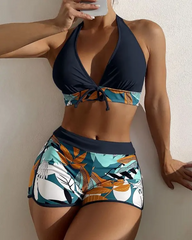 High Neck Sexy Leaf Print High Waist Halter Bikini Set