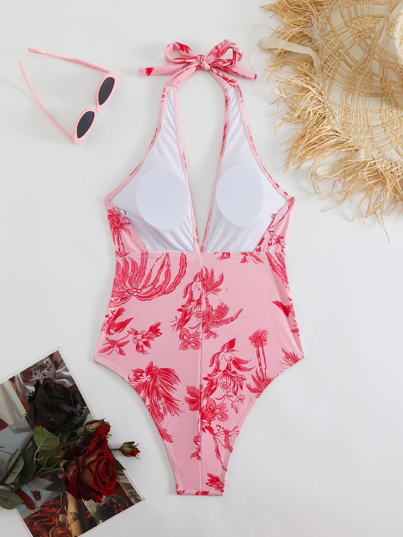 Coconut Tree Print Sexy V-Neck Holiday One-Piece Swimsuit