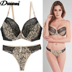 Sexy Lace Print Color-Blocked Lingerie Bra Set