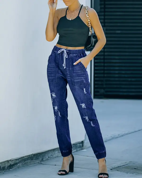 Drawstring Ripped Pocket Design Jeans
