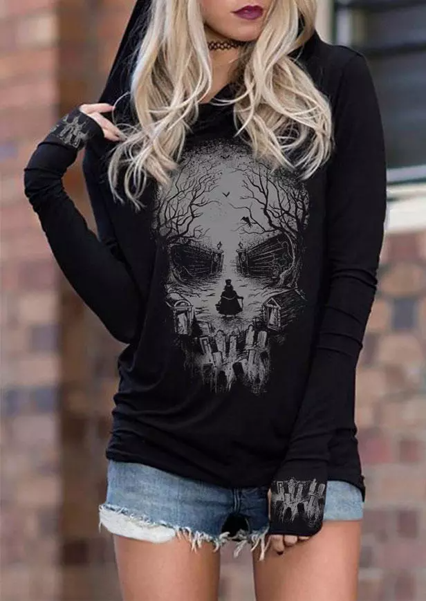 Halloween Horror Skull Silhouette Hoodie - Black