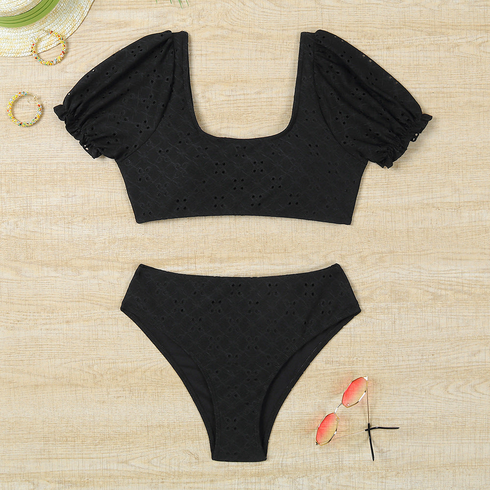 Multicolor Split Short-Sleeved High Waist Swimsuit Beach Bikini Set