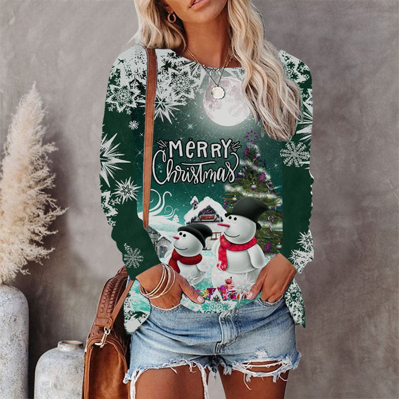 Green Snowman Printed Round Neck Christmas Long Sleeve Top