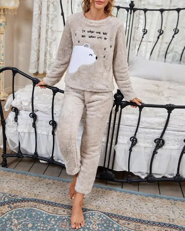 Letter Cartoon Embroidery Fluffy Pajamas Set