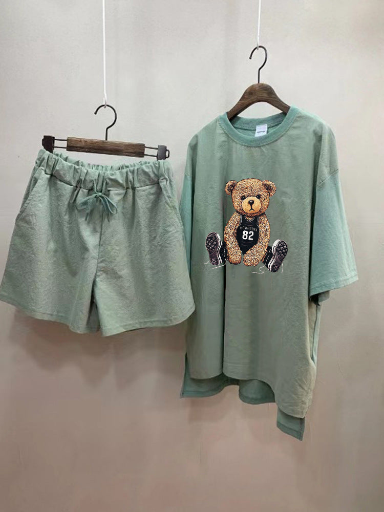 Fashionable Cartoon Loose Fashion T-Shirt Wide-Leg Three-Quarter Pants Two-Piece Suit