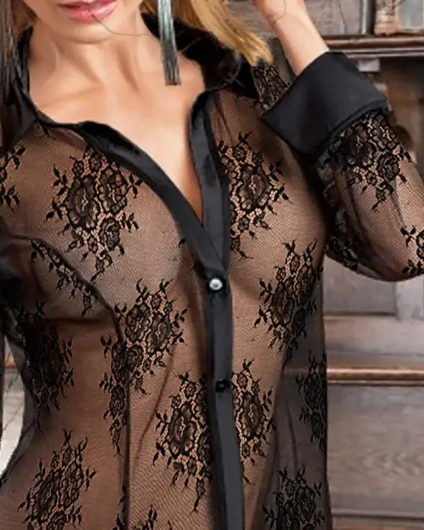 Sheer Mesh Button Front Lace Babydoll