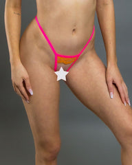 Orange Floral Lace with Neon Pink Crotchless Thong Exposed Vagina - Superior