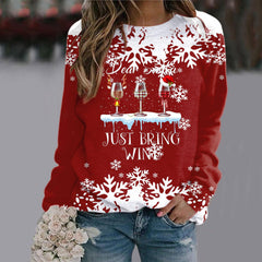 Three Red Wine Glasses Round Neck Raglan Sleeve Sweatshirt Christmas Print Long Sleeve Top