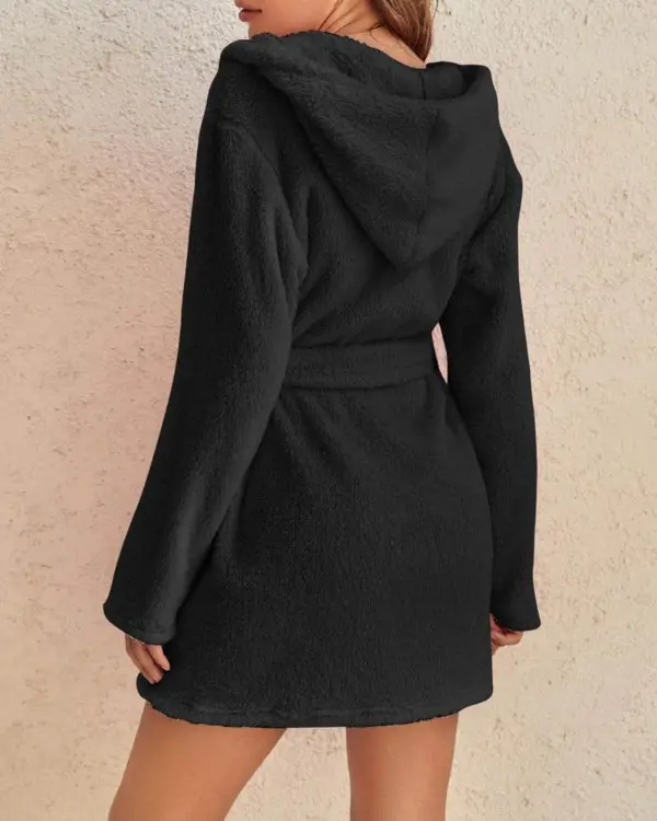 Pocket Design Hooded Belted Fluffy Robe