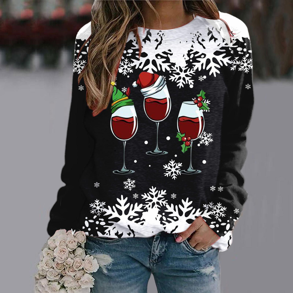 Three Red Wine Glasses Round Neck Raglan Sleeve Sweatshirt Christmas Print Long Sleeve Top