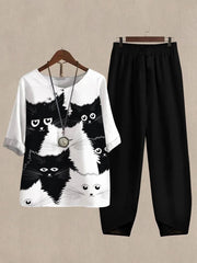 Casual Women's Cat Print Two Pieces Set