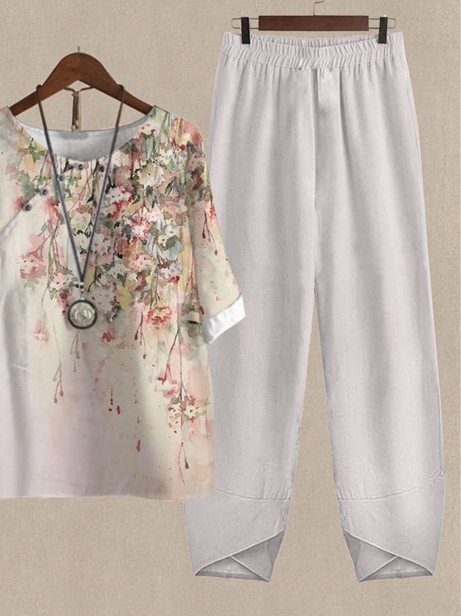 Casual Crew Neck Floral Cotton And Linen Two-Piece Set